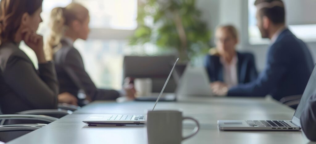 open laptops on a conference table